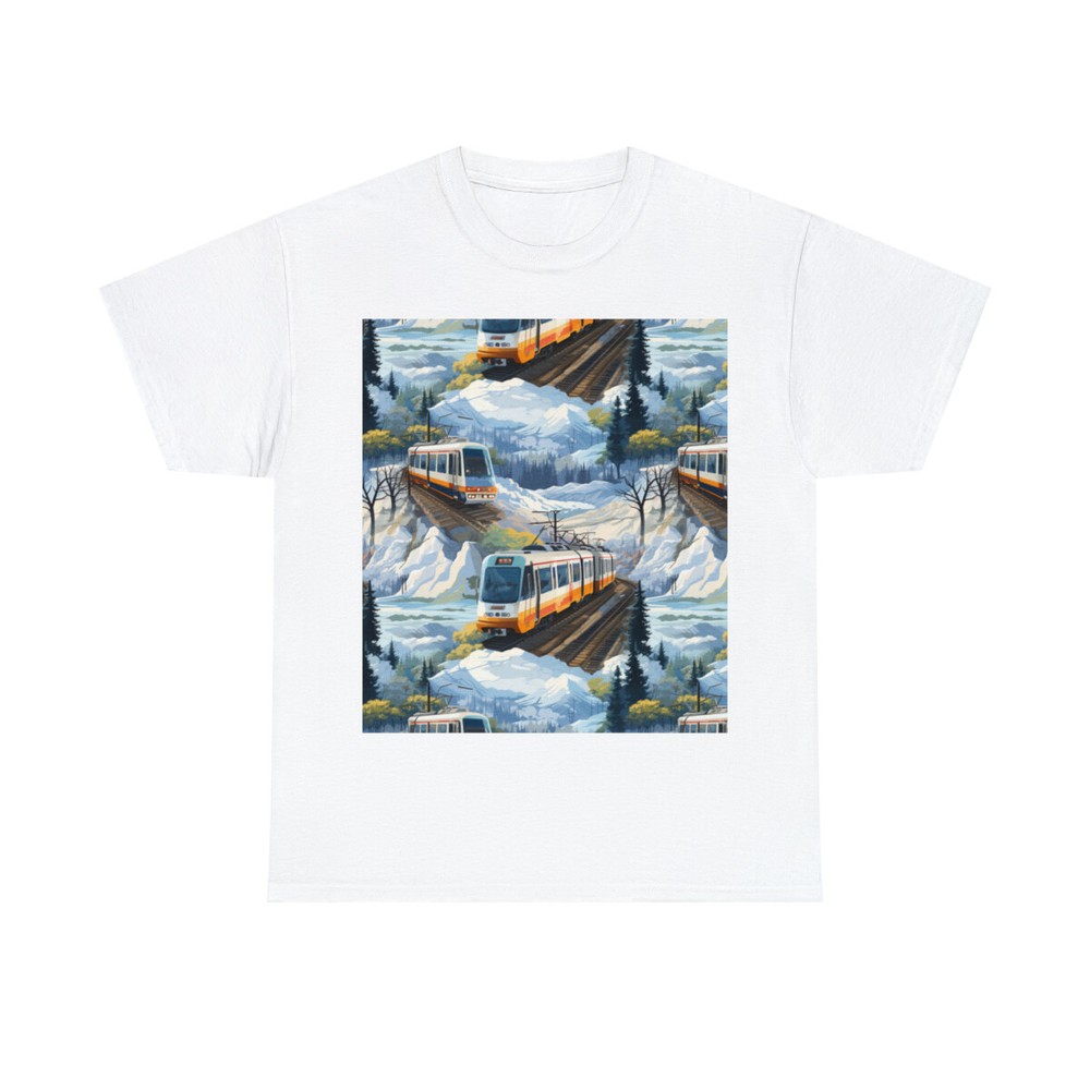 Adult T Shirt Winter Train Scene Art Locomotive Railcar Railroad Transport Snow