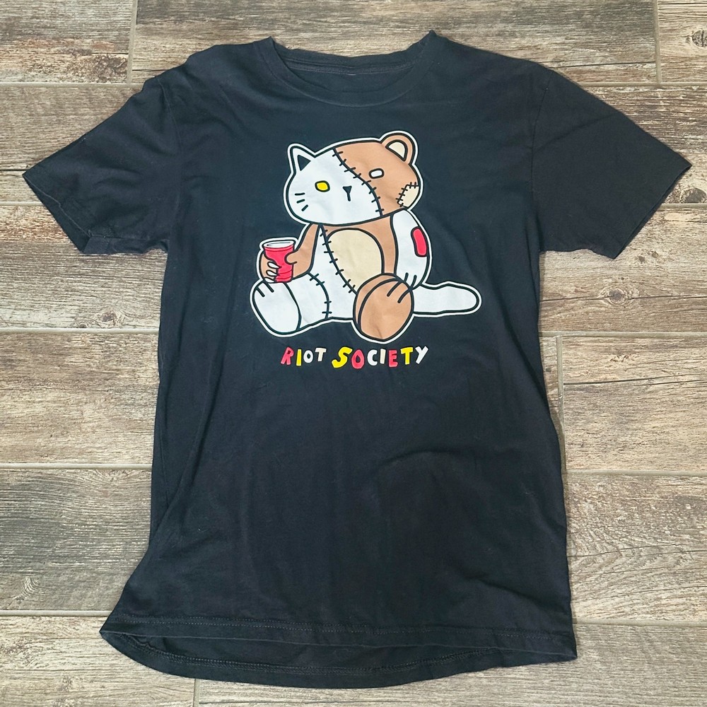 Riot Society Black Cotton Graphic T-Shirt – Cat with Red Cup – Size Medium M