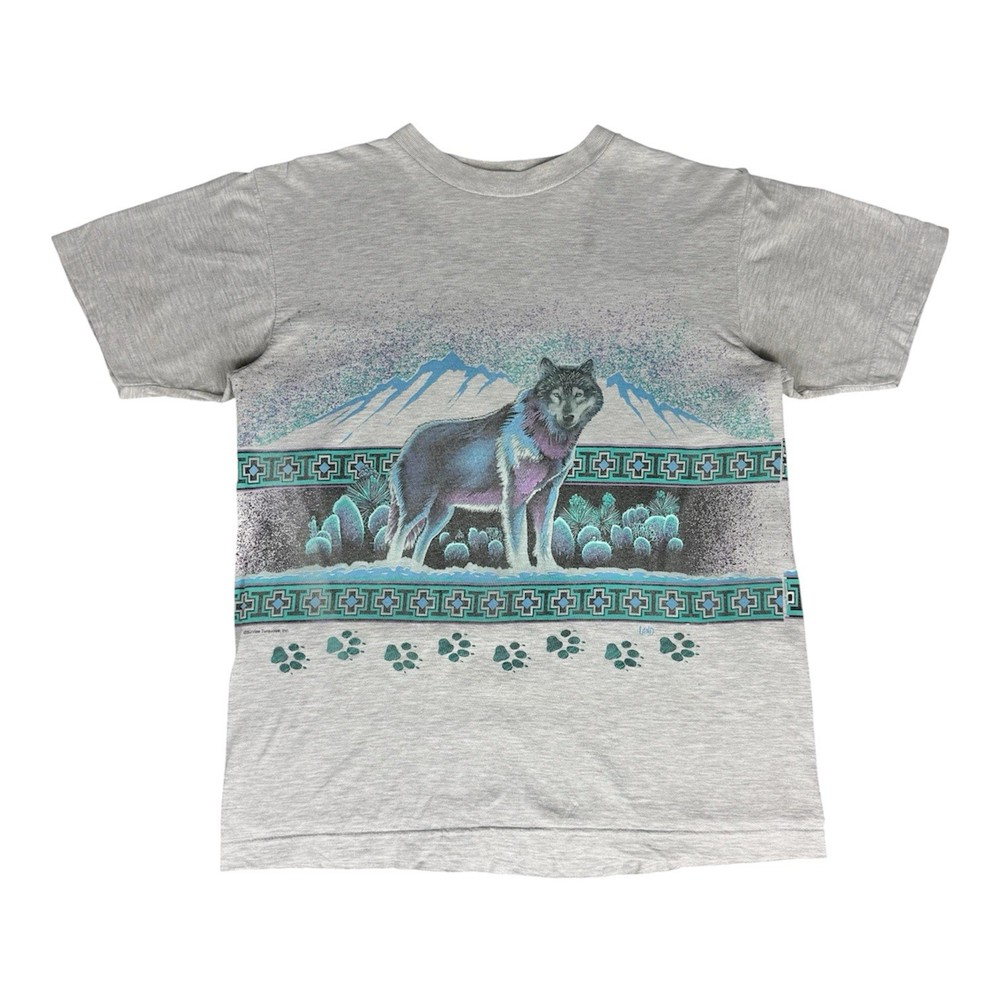 Vintage Alpha Wolves AOP T Shirt Large Gray Wolf 90s Nature All Over Print Aztec