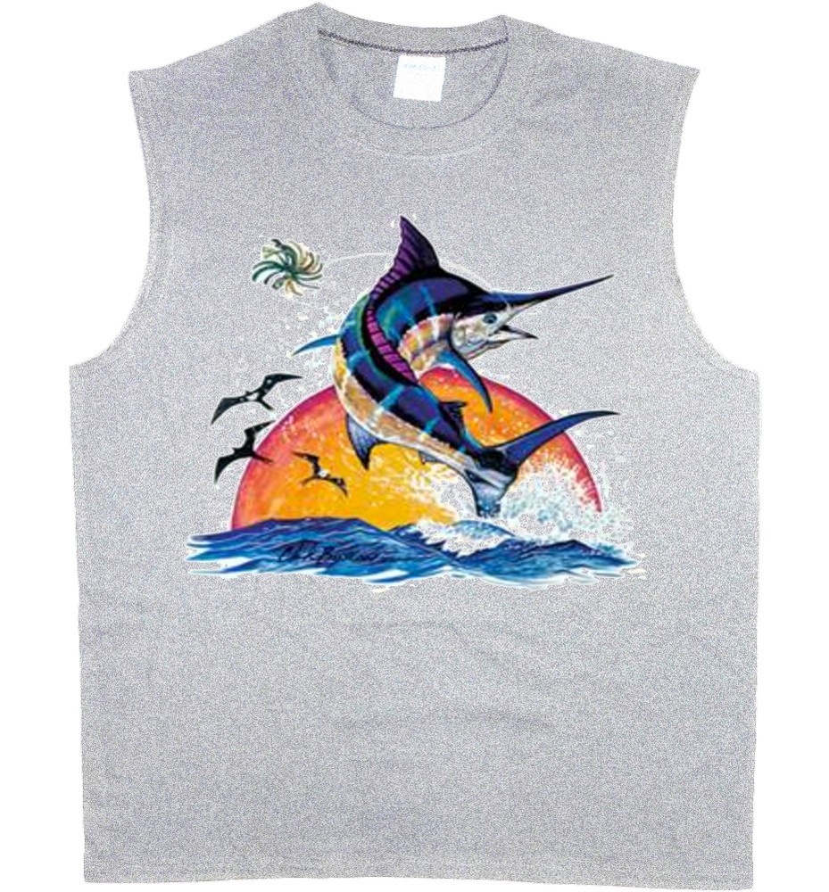 Men’s sleeveless shirt Blue Marlin fishing decal sport fish muscle tee tank top