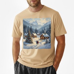 Cozy Winter Village T-Shirt Christmas Log Cabin Snow Scene Mountain Holiday Art