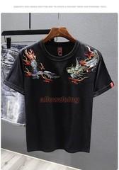 Men’s Dragon Embroidered T-Shirt Casual Short Sleeve Summer Ethnic Style Top