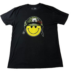 Smiley Face Military Helmet Graphic T-Shirt Black Men’s Large Streetwear Tee