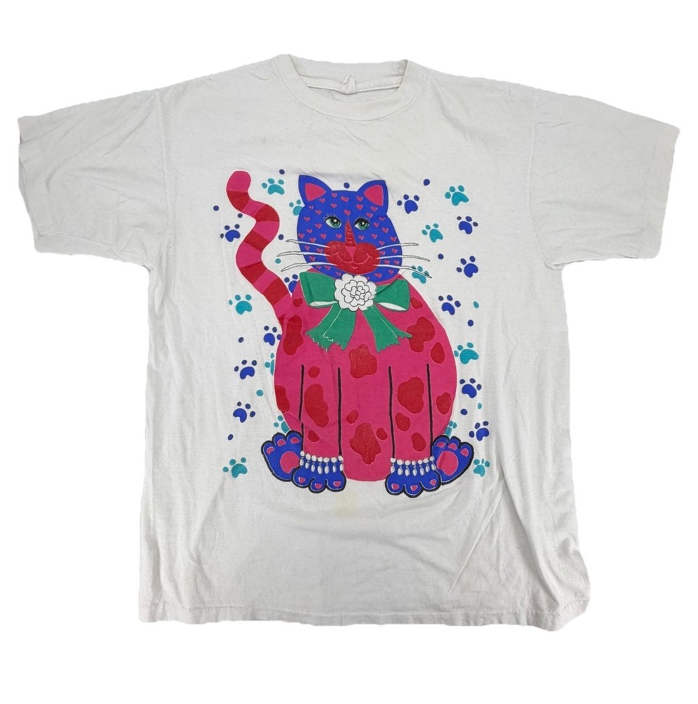 Vintage 90s Salsa Caliente Cat Paw Prints Art Deco Abstract Shirt Size XL