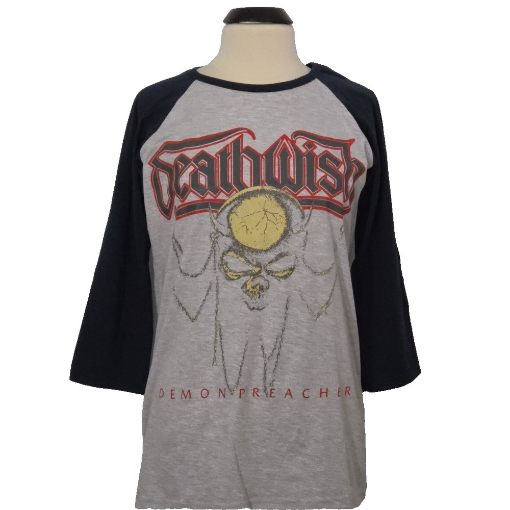 DEATHWISH Demon Preacher L LARGE Raglan Gray Mens Band Logo