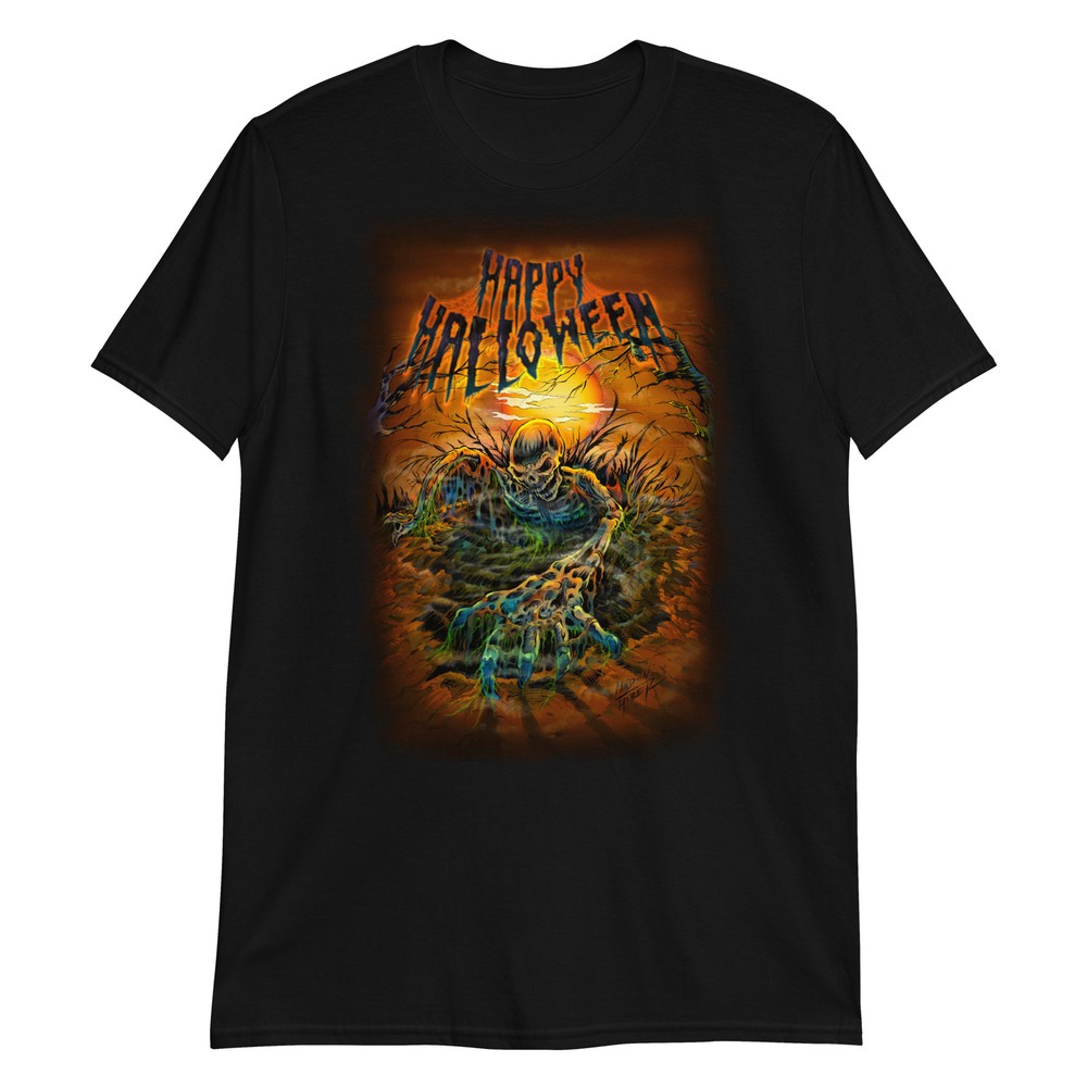 Halloween Skeleton T shirt-by Landon Huber- Spooky Art – Gildan 64000