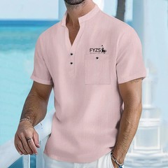 Men’s Cotton Linen Henley Shirt Breathable Summer Casual Fit Tee Tshirt Fun Gift