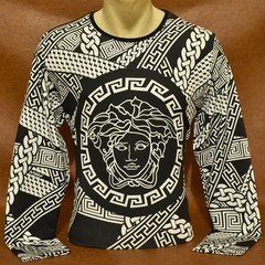Versace Men’s Medusa Greek Key Chain Print Long Sleeve Tee Black Ivory Size 2XL