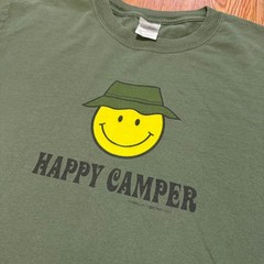 Happy Camper Men’s Shirt Smiley Face Vintage Green Outdoors Hiking Size Large