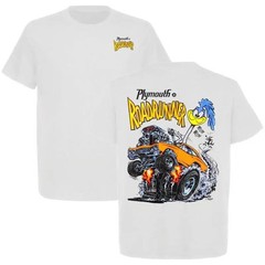 Plymouth Roadrunner T-Shirt featuring classic cartoon burnout muscle car design,