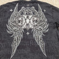 Xtreme Couture Shirt Mens 2XL Black All Over Print Cross Wings Tribal Grunge