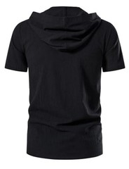 Men’s Cotton Vintage Hooded Design Short Sleeve Lace up Shirts for Large Black