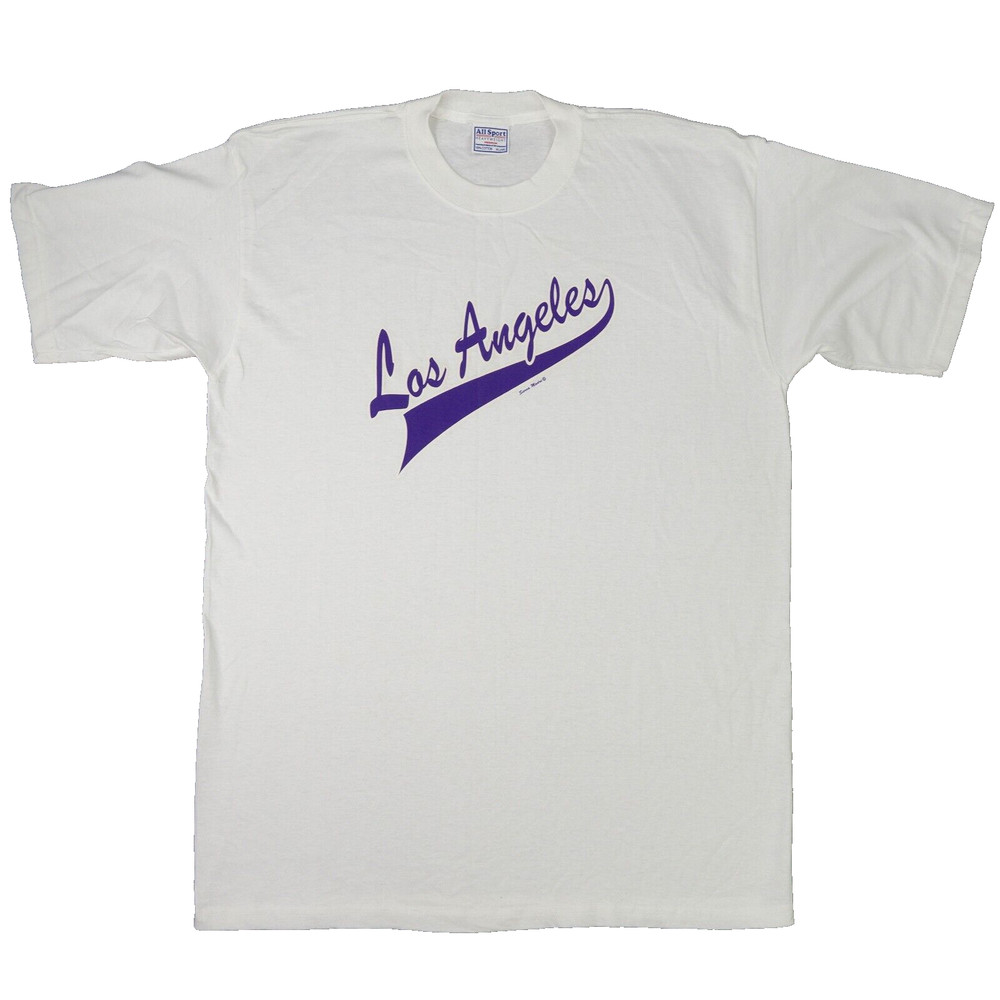 Vintage 90s Los Angeles Script Spellout T-Shirt Mens XL White Purple All Sport