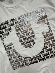 NWT True Religion Brand Script All Over Silver Foil Graphic White Shirt Size L