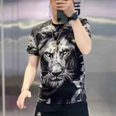 New Men Fashion Trend Lion 3D Print Short Sleeve Black Streetwear Summer T-Shirt