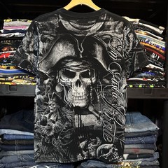 Vintage Y2K Cozumel Mexico AOP Sick Pirate Skulls Graphic T-Shirt Size S