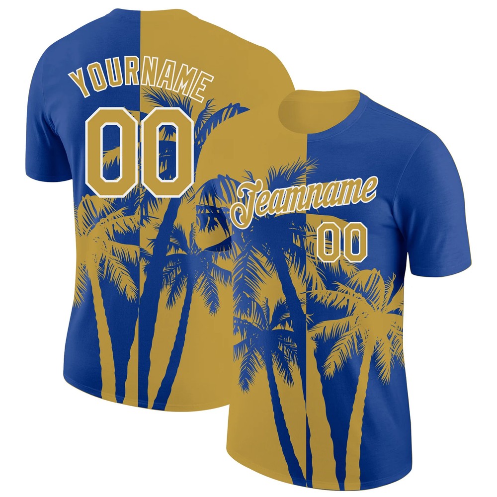Custom Royal Old Gold White Hawaii Palm Tree T-Shirt Tropical Summer Beach Gift