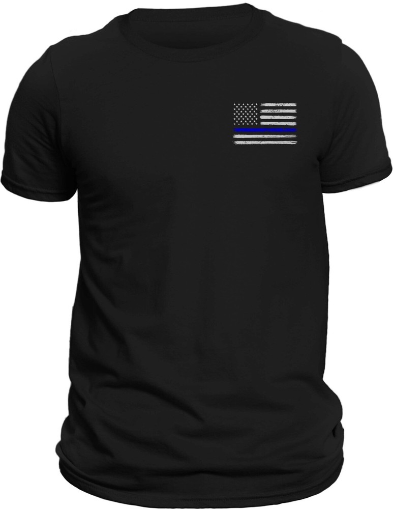 Police Thin Blue Line Flag Front Heart Side Print T-Shirt