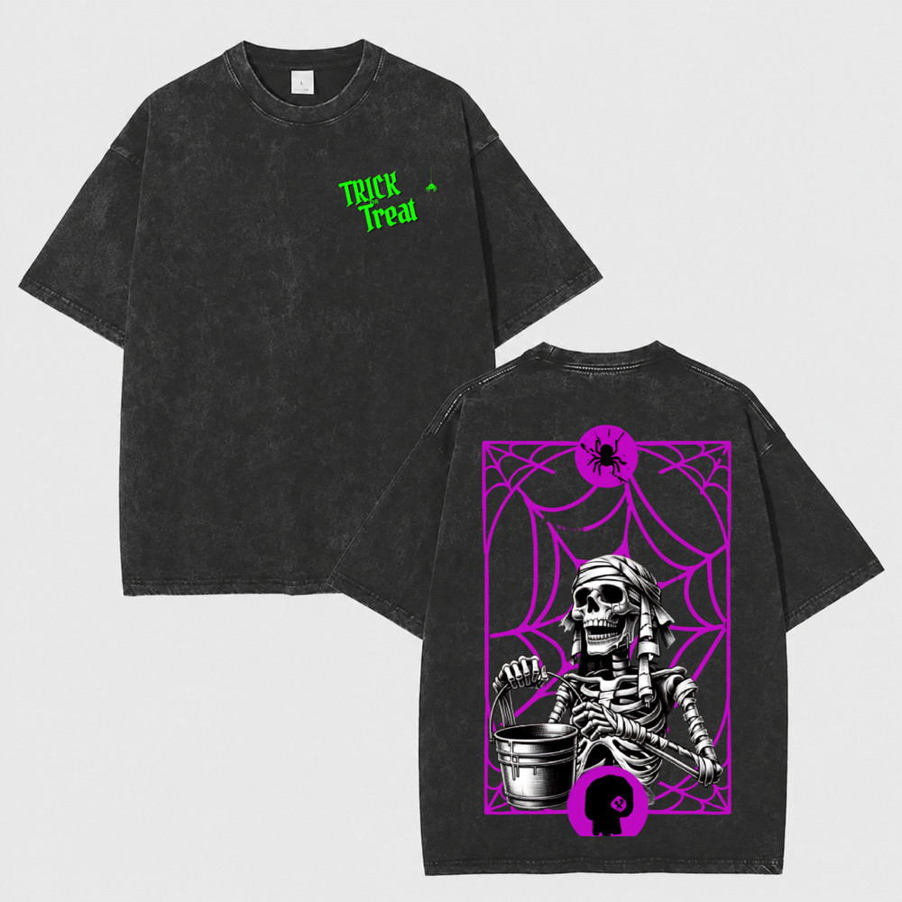 Trick or Treat Skeleton Washed T-Shirt – Funny Halloween Graphic Tee