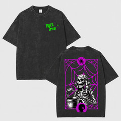 Trick or Treat Skeleton Washed T-Shirt – Funny Halloween Graphic Tee