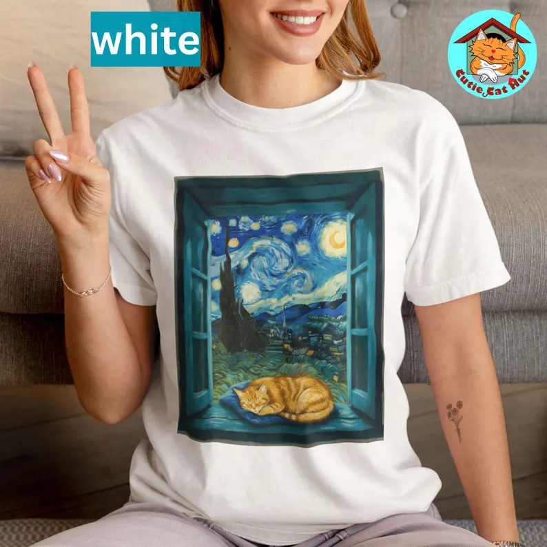 Ginger Cat Starry Night Art Comfort Tee Van Gogh