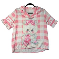 Cute Cat Shirt Women’s Large Pink White Plaid Short Sleeve Queen Cartoon Blouse