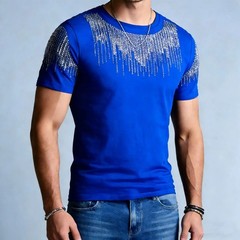 Men Rhinestone T-Shirt Luxury Hot Drill Short Sleeve Cotton Casual Slim Tee Top