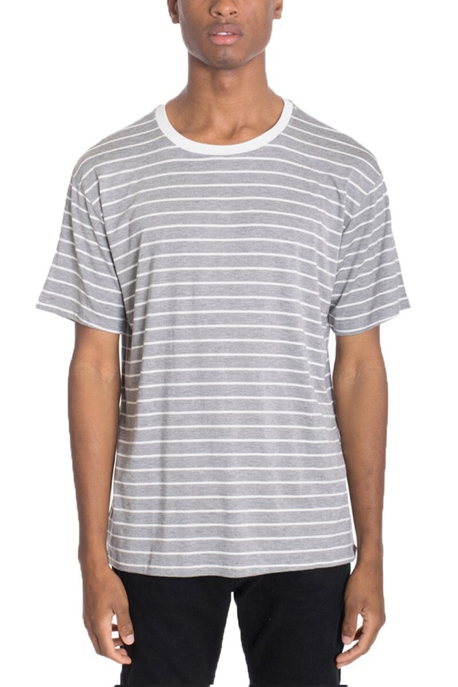 Men’s Striped T-shirt Round Neck Split Hem Short Sleeve Mint Chip Daily Wear