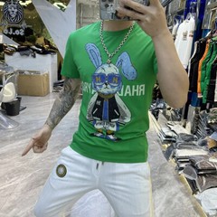 New Fashion Hot Drill Rabbit Cartoon Rhinestones Trend Summer Luxury Men T-Shirt