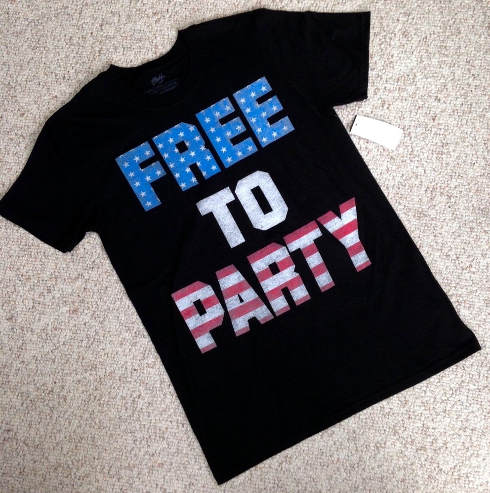 FREE TO PARTY AMERICAN FLAG T-SHIRT black red white blue stars and stripes USA