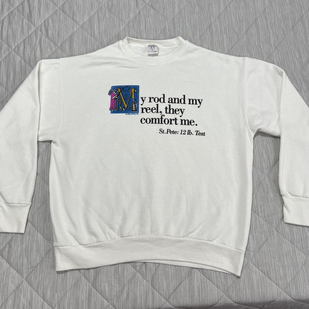 Vintage Fishing Quote XL Sweatshirt White Biblical Rod & Reel 90s Delta USA Made