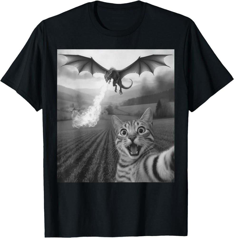 Funny Cat Selfie with Dragon Kawaii Fantasy Creature Art T-Shirt