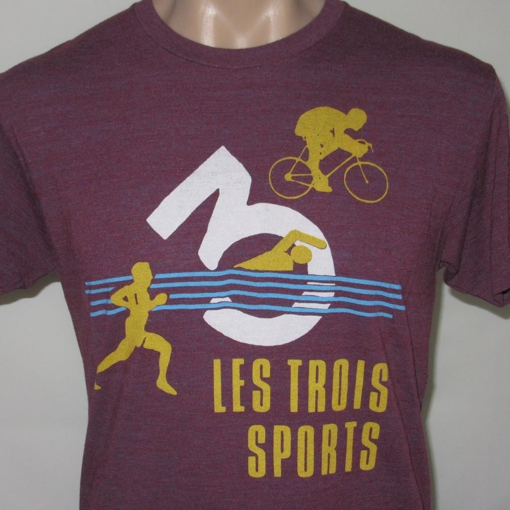 Homage LARGE Les Trois Sports Triathlon Tri Shirt Run Bike Swim Burgandy
