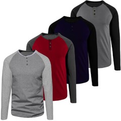 Mens Long Sleeve Henley Raglan T Shirt Grandad Neck Contrast T-Shirt New Top