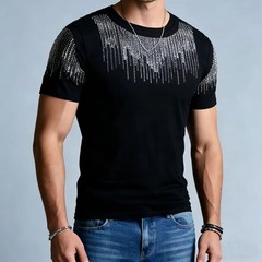 Men Rhinestone T-Shirt Luxury Hot Drill Short Sleeve Cotton Casual Slim Tee Top