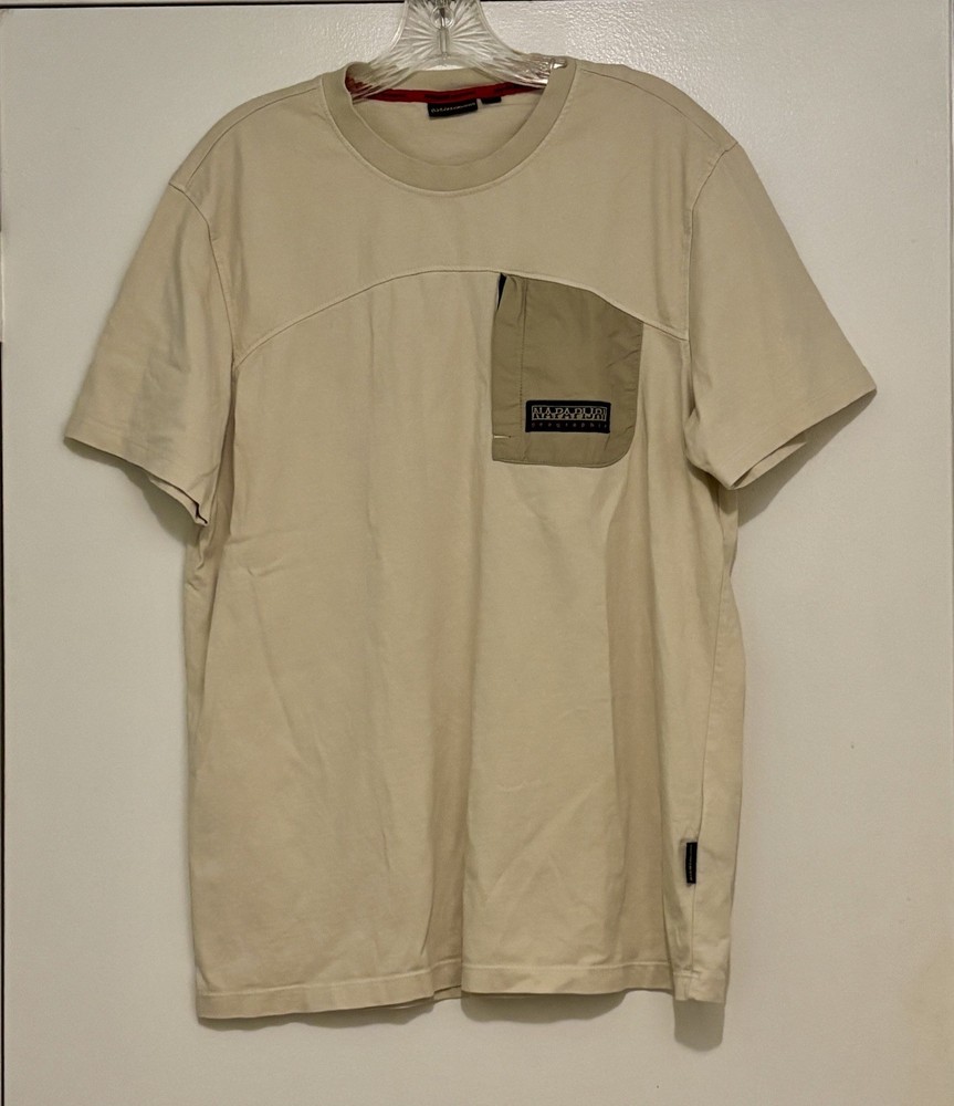 Napapijri Geographic Men Large Tan Beige Zipper Pocket 100% Cotton T-Shirt