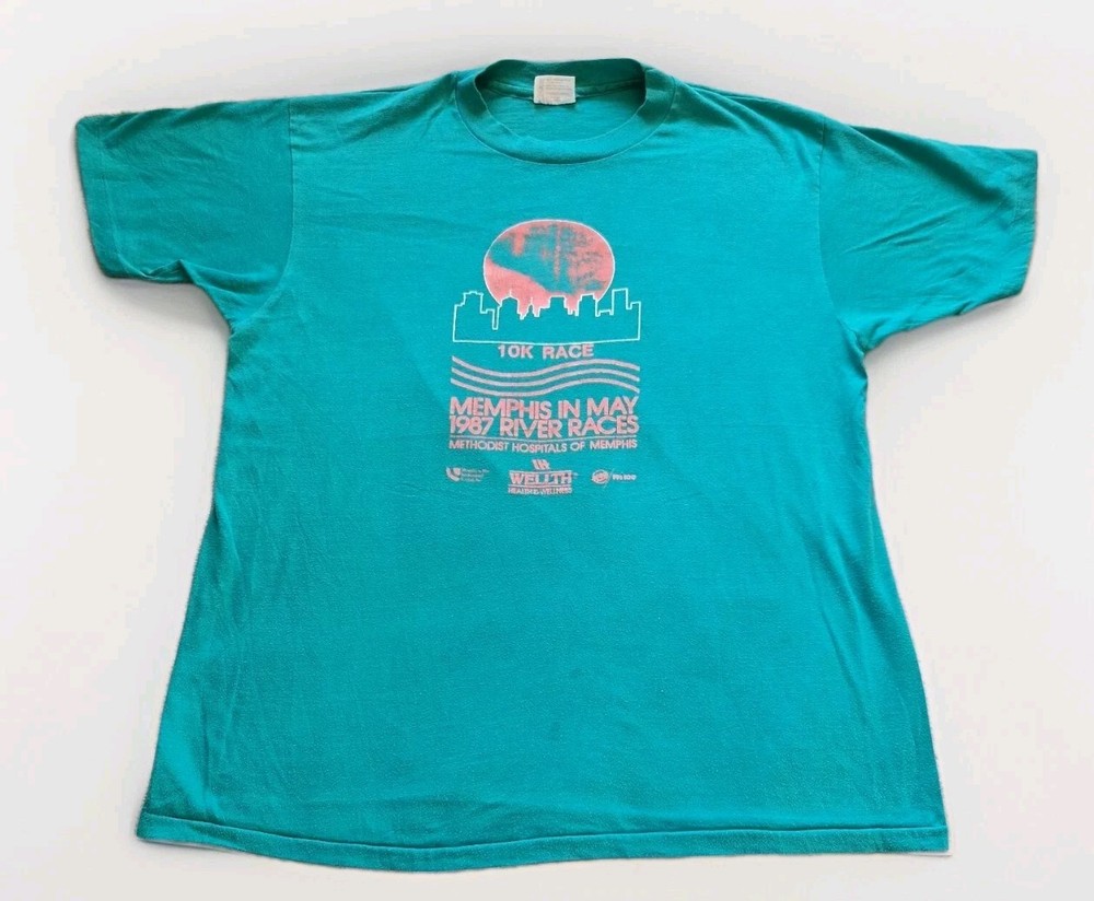 Vintage Hanes T-Shirt Mens Large Green 1987 Memphis 10K Championship Race Top