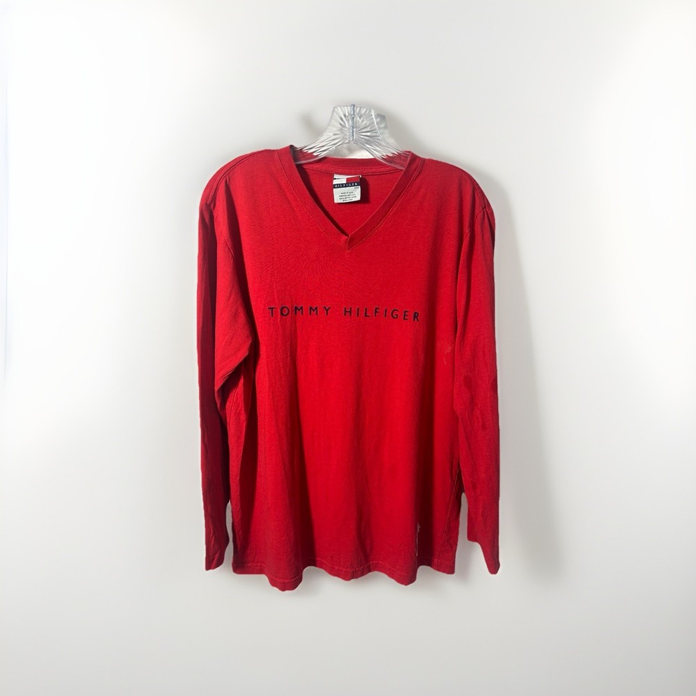 Vintage Tommy Hilfiger Embroidered Red Long Sleeve T Sz Medium (1405)see Photo