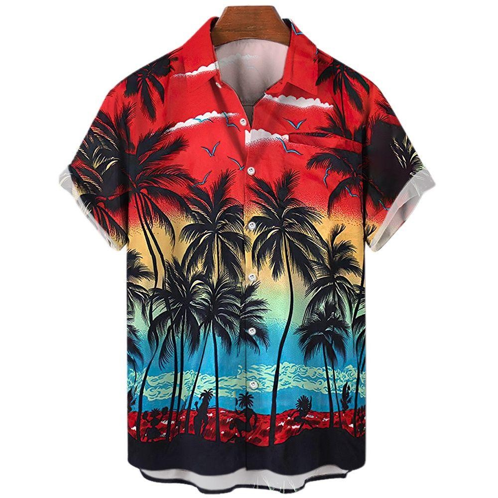 Men 3D Hawaiian Short Sleeve Shirt Oversized Coconut Tree Print Casual