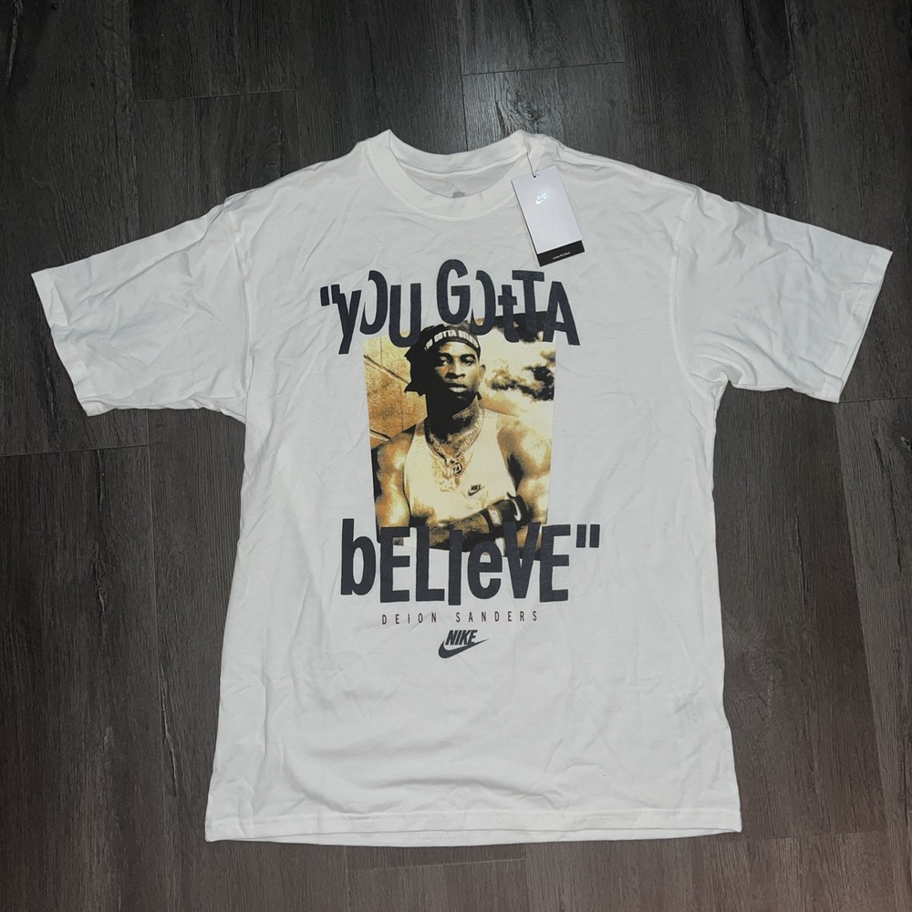 Nike Mens Medium TALL Deion Sanders You Gotta Believe White Graphic Shirt NEW