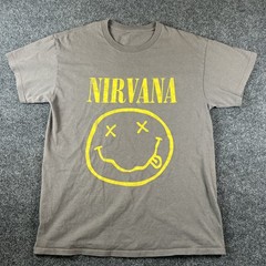 Nirvana Smiley Face Band T-Shirt Gray Yellow Logo Rock Tee Size M