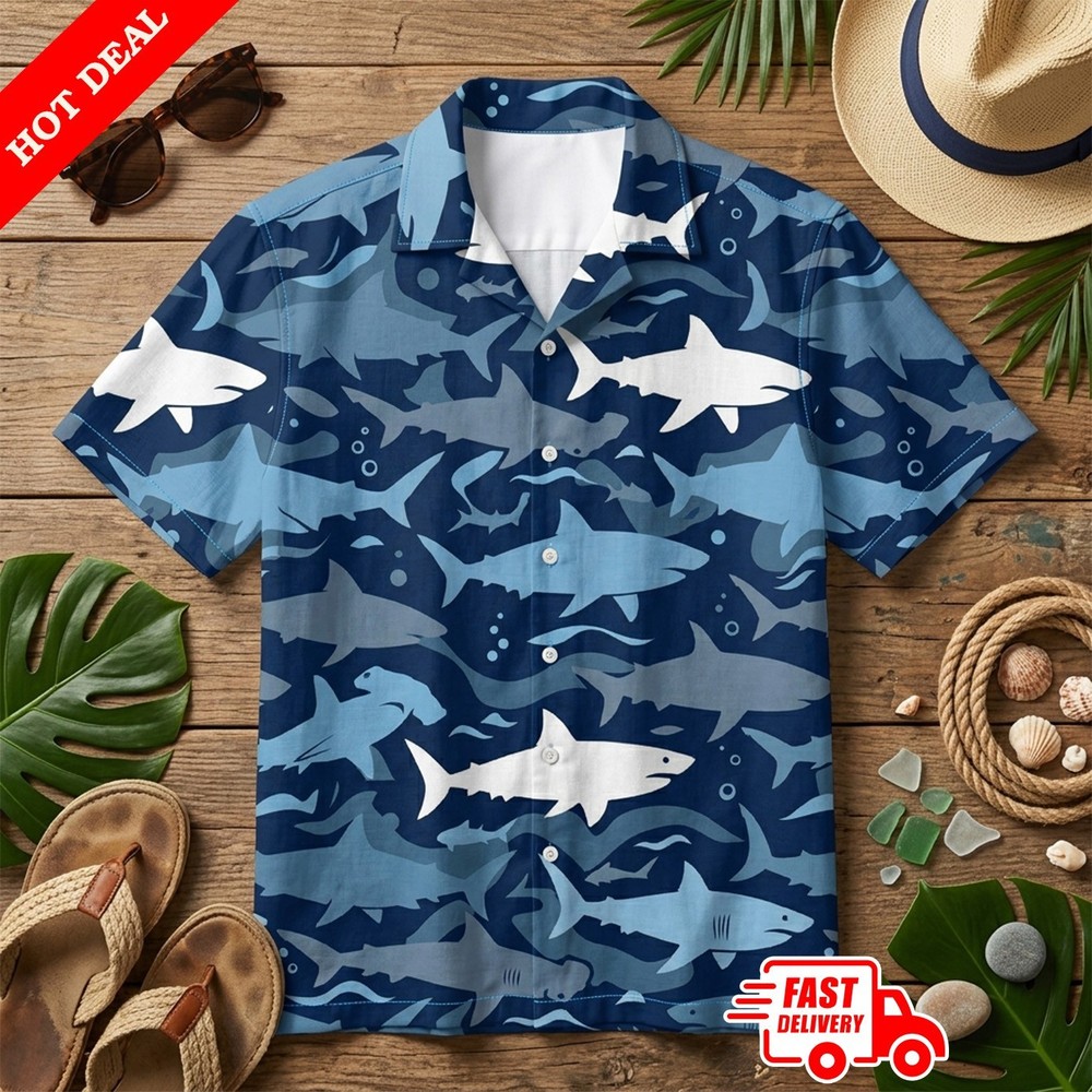 Shark Attack Mens Blue Hawaiian Shirt Short Sleeve Button Down Beach Summer
