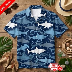 Shark Attack Mens Blue Hawaiian Shirt Short Sleeve Button Down Beach Summer