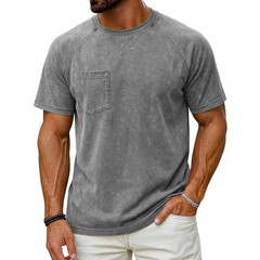 Men’s Vintage Washed Raglan Short Sleeve T-Shirt, Pocket Crew Neck Casual Tee