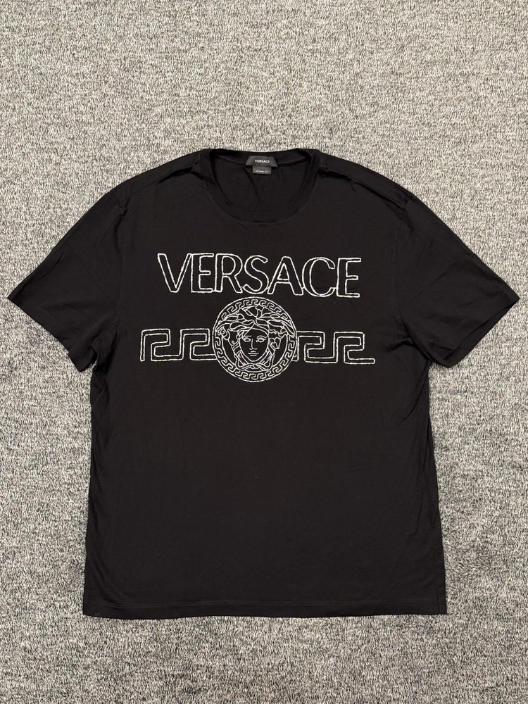 Versace Embroidered T Shirt Mitchel Black Crew Neck Short Sleeve Mens Size Large