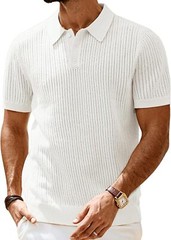 Mens Short Sleeve Polo Shirt Textured Knit Ribbed Casual Golf Style Soft Comfort