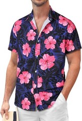 Mens Button Down Hawaiian Floral Shirt Casual Beach Vacation Tropical Top