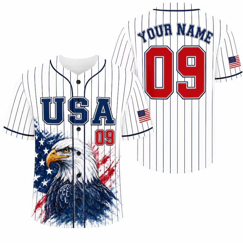 Custom Name Number USA Eagle Pinstripe Baseball Jersey Patriotic Flag Shirt