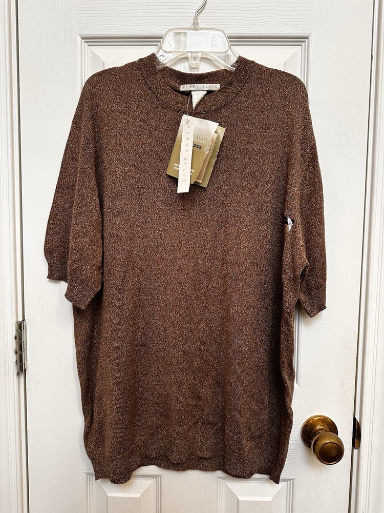 Vintage NWT Perry Ellis Brown 80% Silk Short Sleeve Shirt – Men’s Large