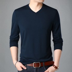 Men Men’s Long-Sleeved V-Neck Shirt T-Shirt Pure Color Casual Pullover Tops
